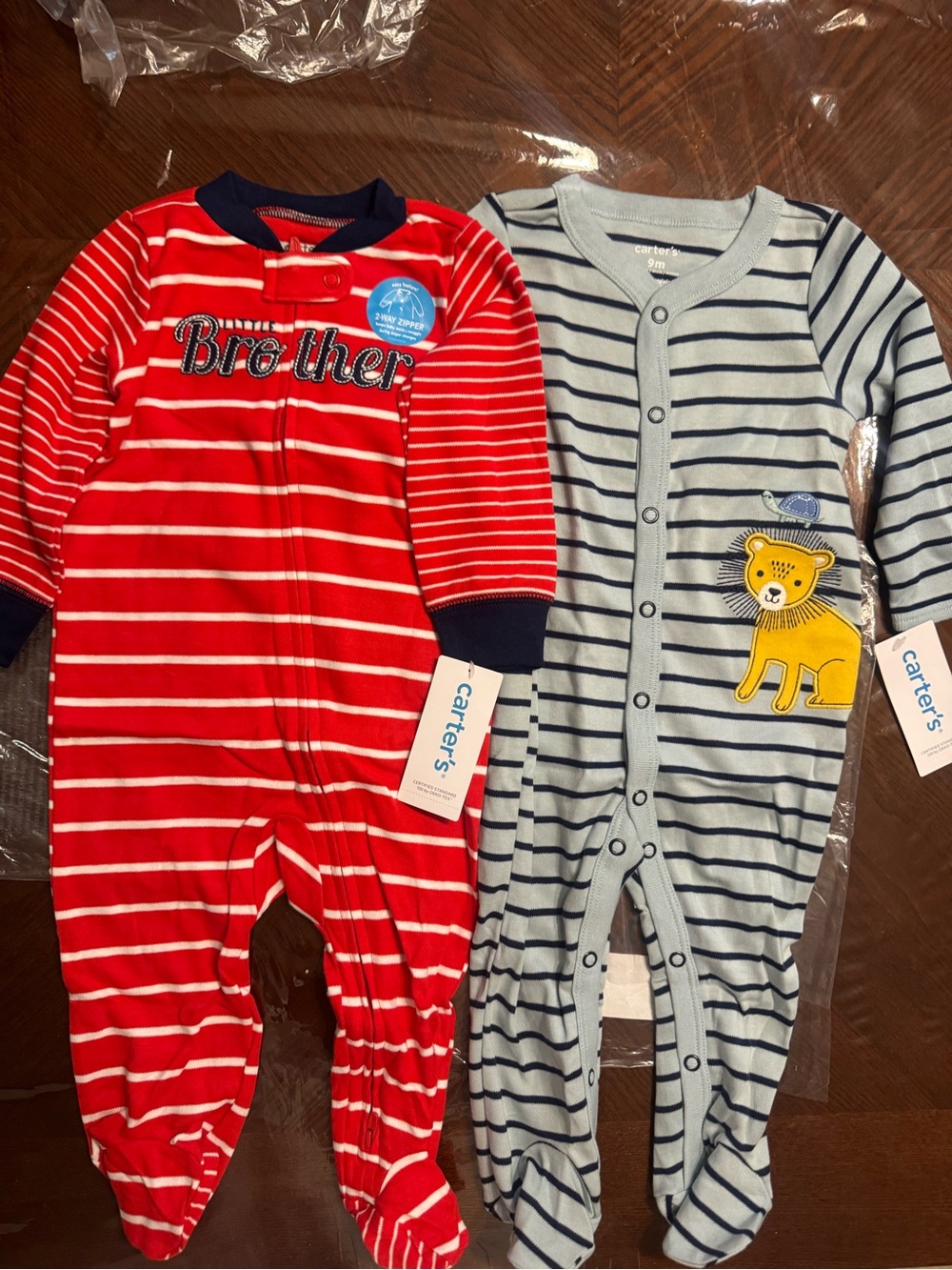 Carter's NWT Baby Boy 2pcs sleepers Red Striped Little Brother Set- Sz 9 months